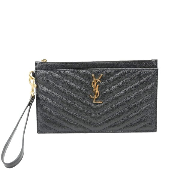 Yves Saint Laurent  Monogram Grain De Poudre Chevron Leather Zip Pouch Black - Picture 1 of 14